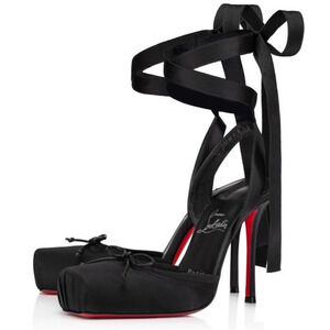 NWOB Christian Louboutin Cassia Black Crepe Satin Lace Up Square Toe Heels EU 38